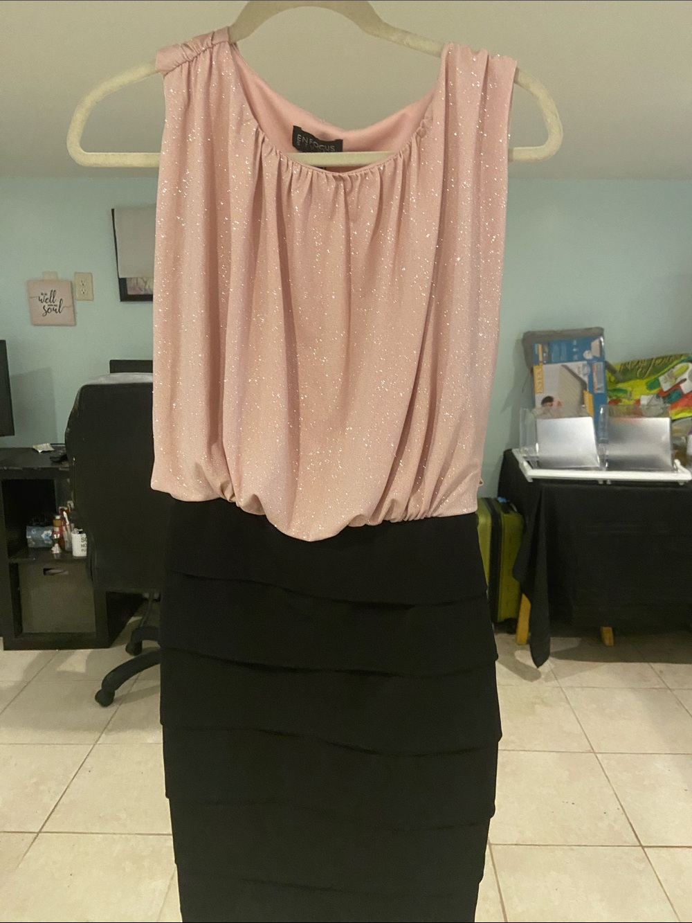 Enfocus Studio Sparkle Pink Blouson Top with Black Tiered Pencil Skirt